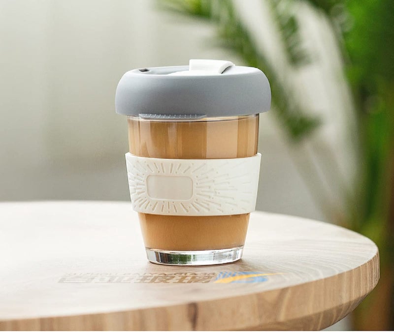 Ramkuwar Reusable Glass Tea Coffee Mug Shaker with Lid and Anti Slip Silicone Band Thick Glass Tumbler Leak Proof Travel Cup Sipper Bottle for Hot and Cold Drinks 350 ml White Pack 2 - Image 2