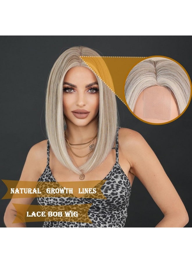 SENHORAS Ash Blonde Bob Wig Platinum Blonde Bob Wigs For Women 14 Inch Mid Part Lace Wig Natural-Looking Synthetic Hair Wigs For Daily Party Cosplay Costume  - Image 1