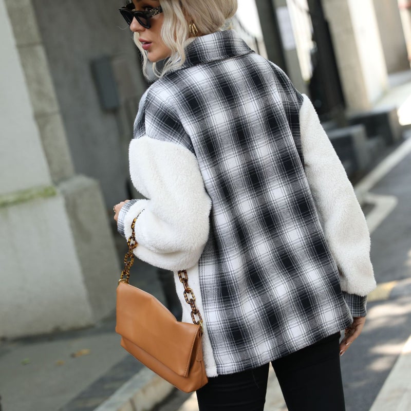 Double-Sided Plaid Patchwork Long Sleeve Cardigan Coat with Pockets - Image 2