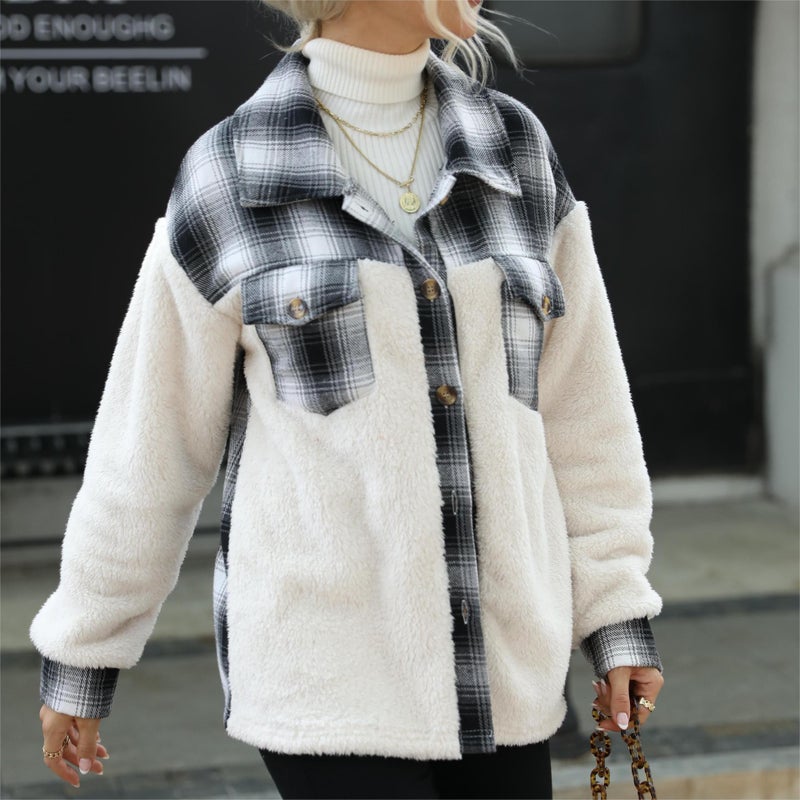 Double-Sided Plaid Patchwork Long Sleeve Cardigan Coat with Pockets - Image 1