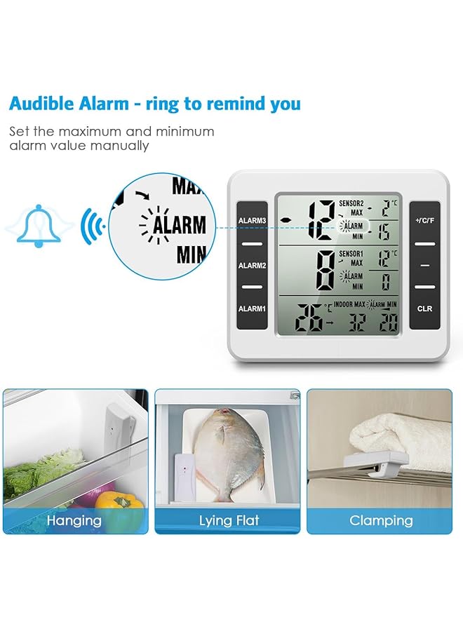 إيروريكس مقياس حرارة الثلاجة اللاسلكي الداخلي والخارجي ومقياس حرارة الفريزر مع مستشعر مراقبة درجة الحرارة مع إنذار صوتي ومقياس درجة الحرارة للمطبخ والفريزر والمنزل - Image 2