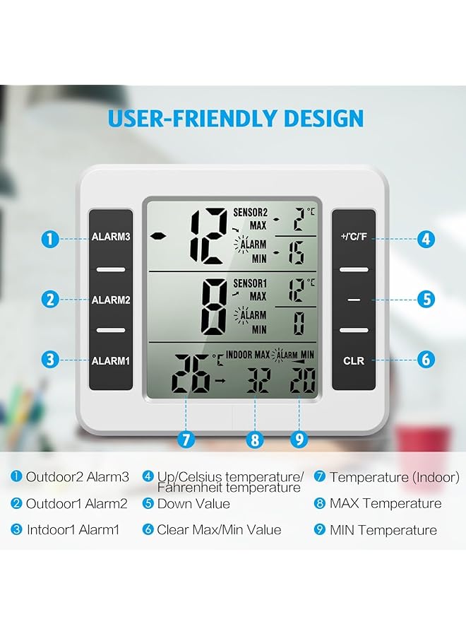 إيروريكس مقياس حرارة الثلاجة اللاسلكي الداخلي والخارجي ومقياس حرارة الفريزر مع مستشعر مراقبة درجة الحرارة مع إنذار صوتي ومقياس درجة الحرارة للمطبخ والفريزر والمنزل - Image 3