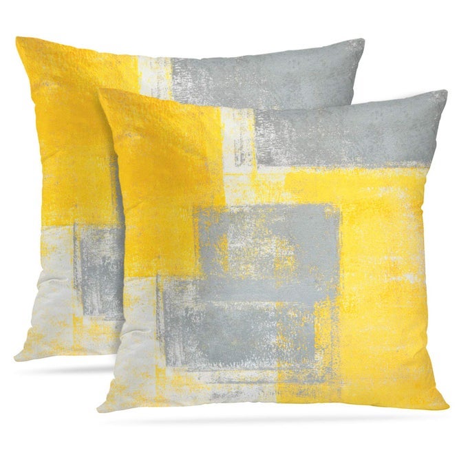 THROW PILLOW COVERS MODERN HOME ART DECOR 18 X 18 INCHES SET OF 2 PILLOW CASES DECORATIVE ABSTRACT OIL PAINTING PILLOWCASES FOR BEDROOM LIVING ROOM CUSHION COUCH SOFA YELLOW GREY