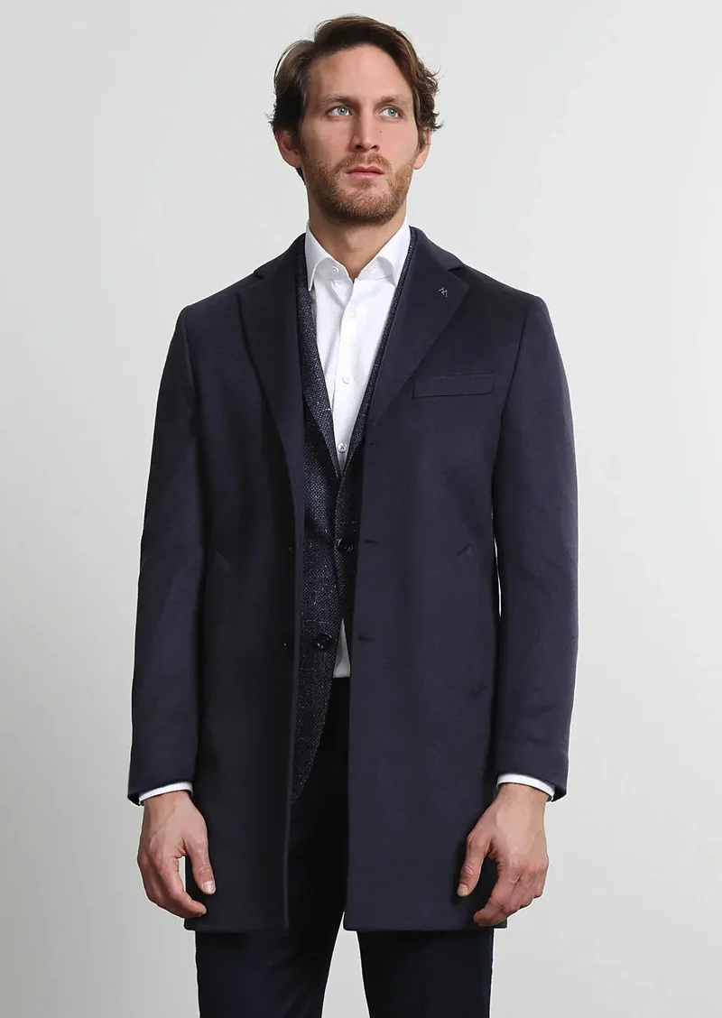 RAMSEY Navy Blue Regular Fit Butterfly Collar Classical Weaving Overcoat