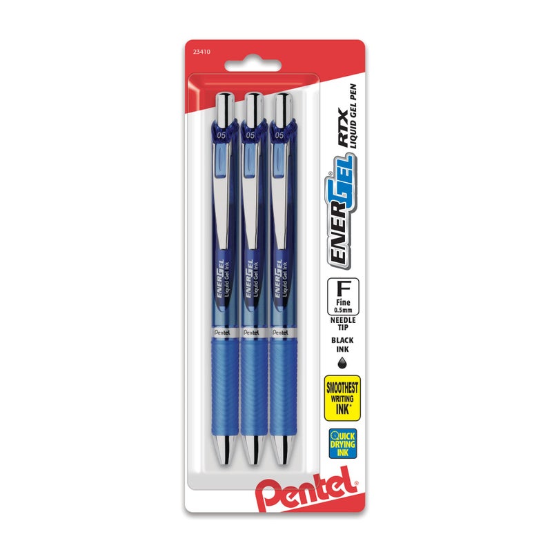 Pentel EnerGel RTX Retractable Liquid Gel Pen, (0.5mm), Fine Line, Needle Tip, Blue Ink, Pack of 3 (BLN75BP3C) - Image 1