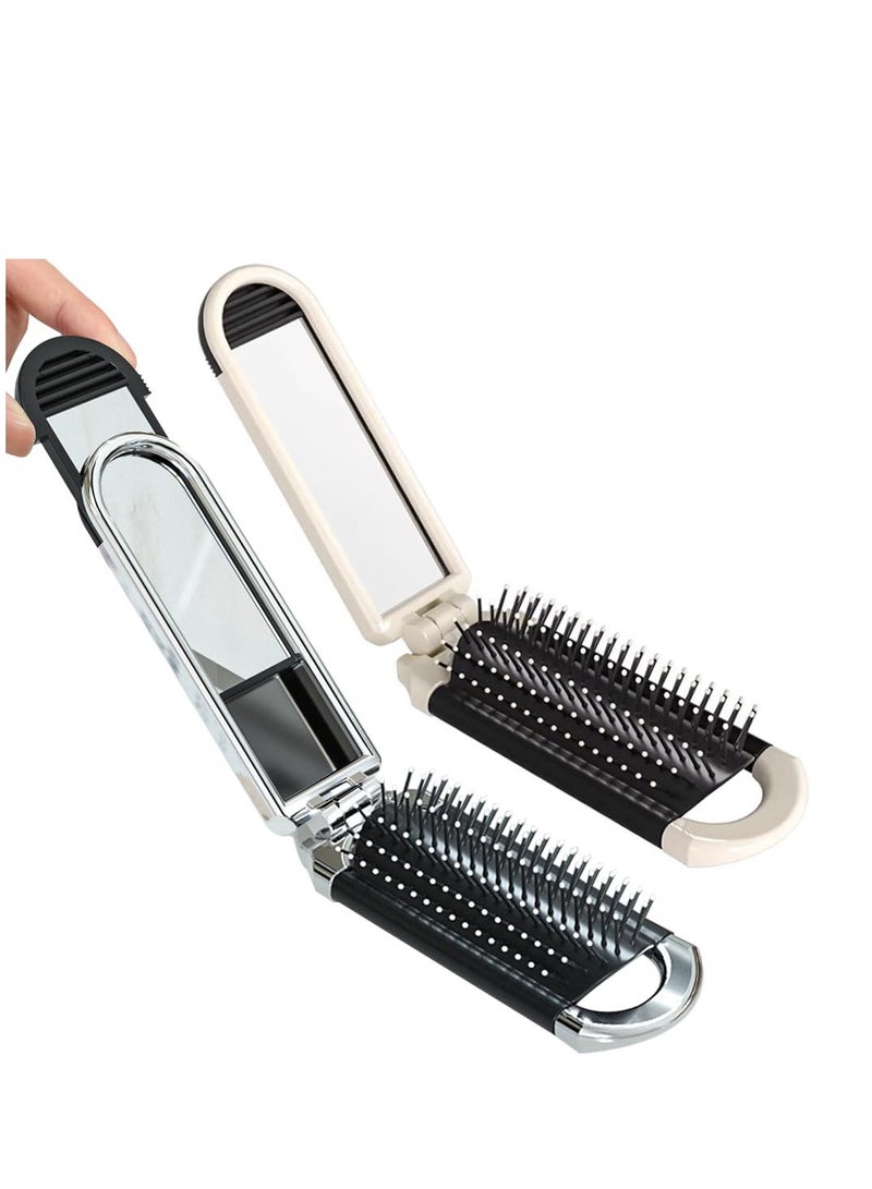 2 Pack Folding Hair Mini Brush with Mirror Portable Travel Hair Brush Air Cushion Comb Pocket Hair Styling Brush Hair Massage Brush for Women Men - Detangle Smooth, and Style Any Hair Type