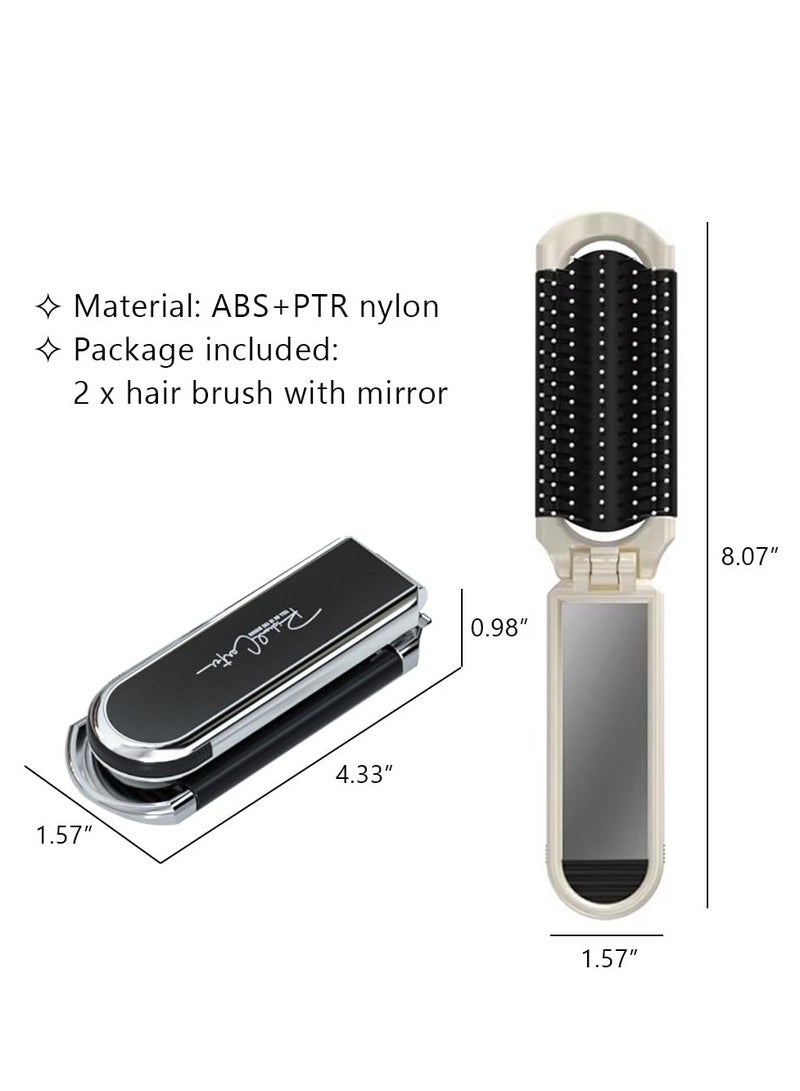 2 Pack Folding Hair Mini Brush with Mirror Portable Travel Hair Brush Air Cushion Comb Pocket Hair Styling Brush Hair Massage Brush for Women Men - Detangle Smooth, and Style Any Hair Type