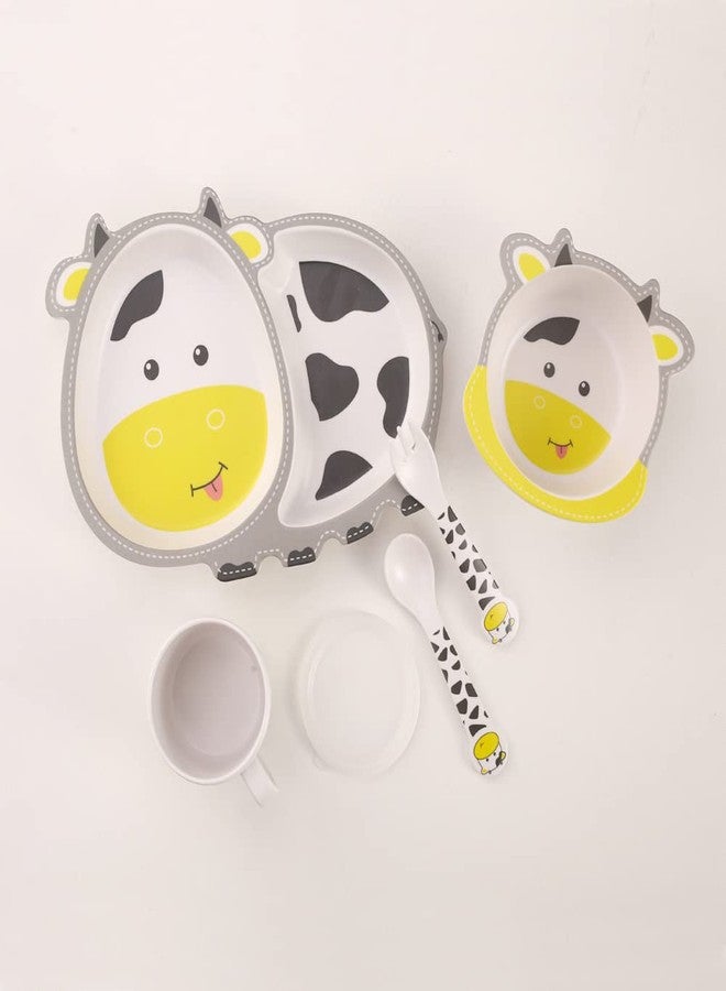 Fekdod Kids Dinnerware Set Bamboo 5 Pcs with Plate Bowl Cup Fork Spoon (Cow) - Image 2
