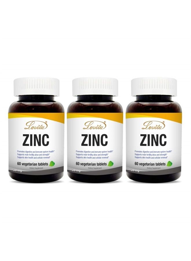 Lovita زنك 30 ملغ، مكملات زنك مخلبية سهلة الامتصاص للرجال والنساء، زنك نباتي غير معدل وراثيًا، لدعم المناعة والبشرة الصحية، خالي من الغلوتين، 60 قرص نباتي (إمداد لمدة شهرين) (عبوة من 3) - Image 1