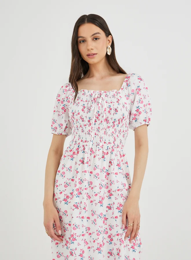 Take Two Take Two Floral Print Puff Sleeve Smocked Midi Dress