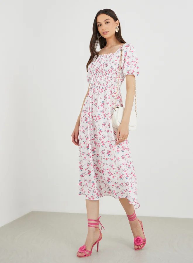 Take Two Take Two Floral Print Puff Sleeve Smocked Midi Dress