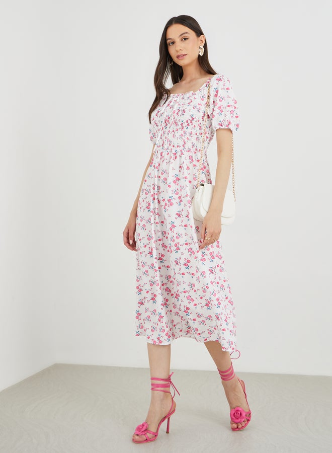 تايك تو فستان ميدي بطبعات زهور وأكمام منفوشة وسموك - Image 1