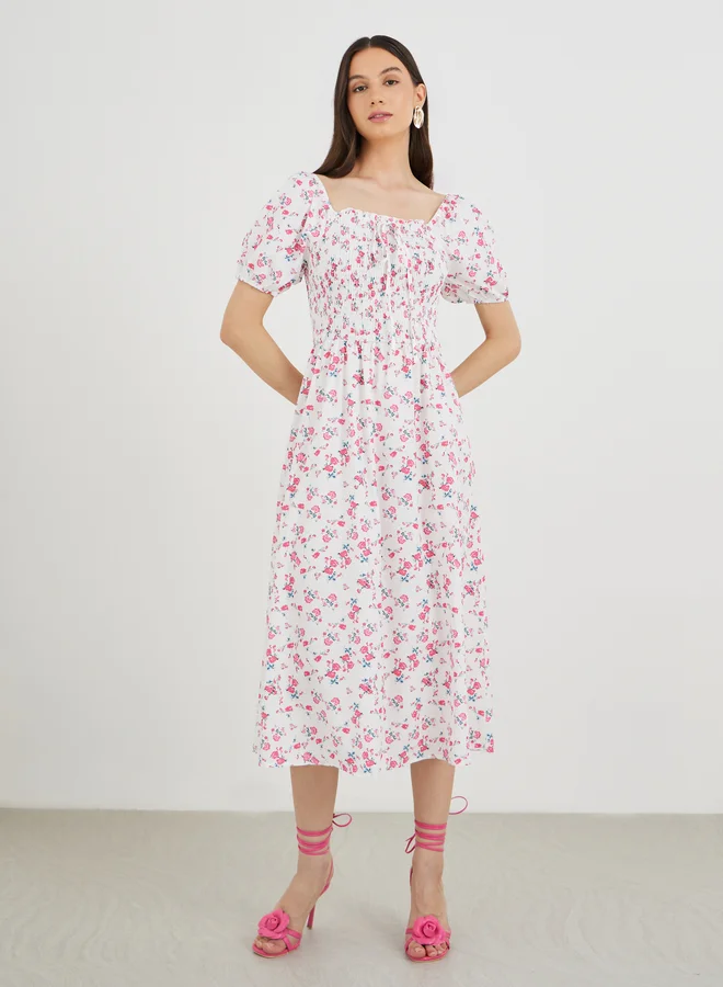 Take Two Take Two Floral Print Puff Sleeve Smocked Midi Dress