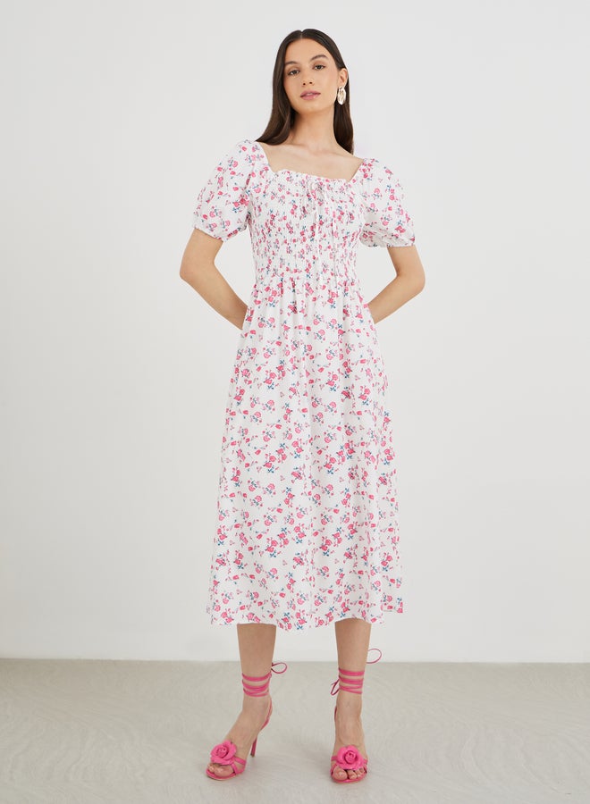 تايك تو فستان ميدي بطبعات زهور وأكمام منفوشة وسموك - Image 2