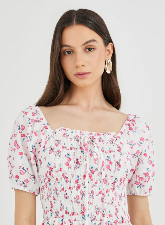 Take Two Take Two Floral Print Puff Sleeve Smocked Midi Dress