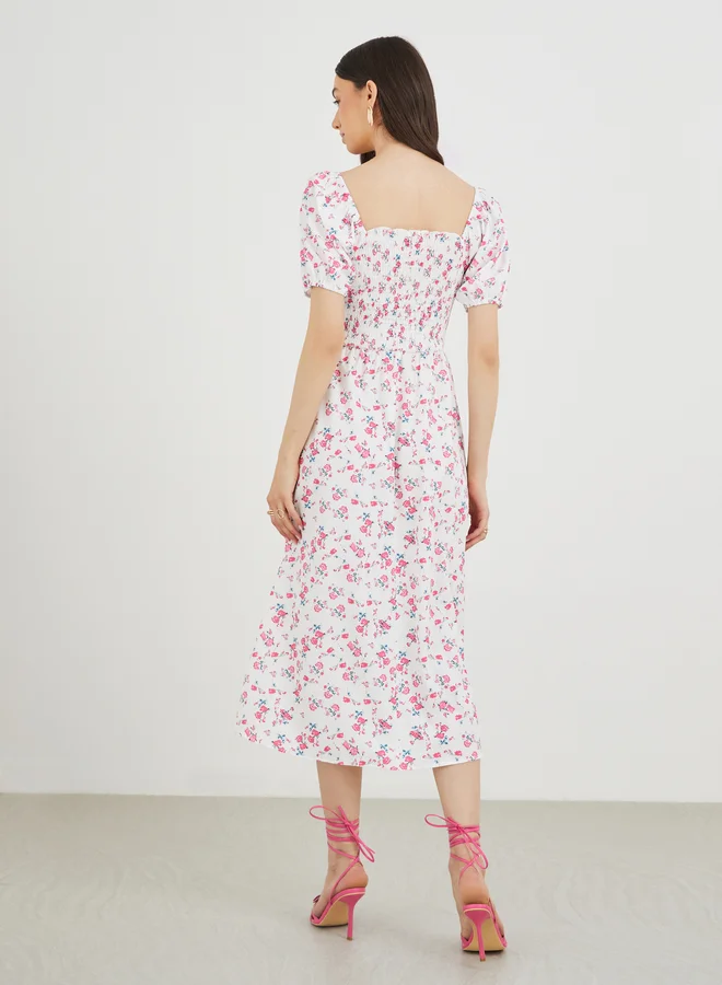 Take Two Take Two Floral Print Puff Sleeve Smocked Midi Dress
