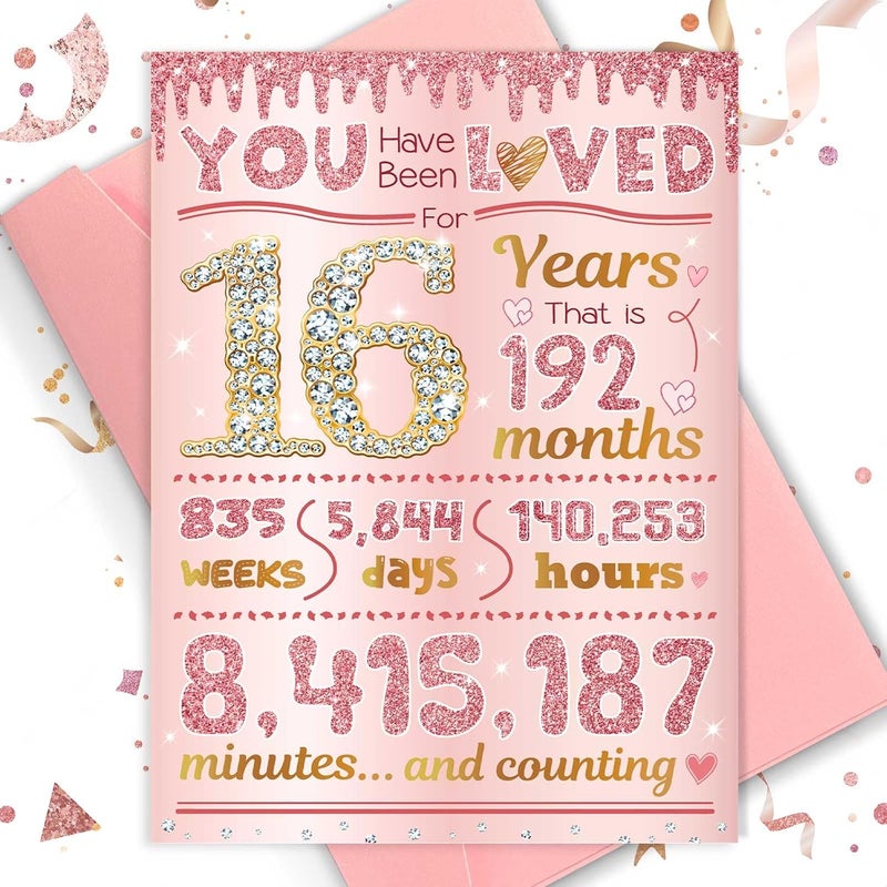16th Birthday Card, 16 Year Old Girl Birthday Gift Ideas, Sweet 16 Gifts for Girls, Daughter, Granddaughter, Niece, 16th Birthday Decorations for Girls, Sweet 16 Birthday Card Rose Gold 16 Bday - Image 1