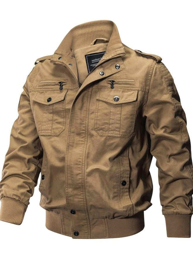 CRYSULLY Men's Cotton Military Jacket Lightweight Casual Windbreaker Stand Collar Bomber Jackets Coat with Multi Pockets, 89# Khaki, XL - Image 2