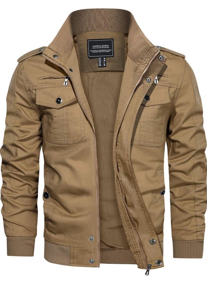 CRYSULLY Men's Cotton Military Jacket Lightweight Casual Windbreaker Stand Collar Bomber Jackets Coat with Multi Pockets, 89# Khaki, XL - Image 1