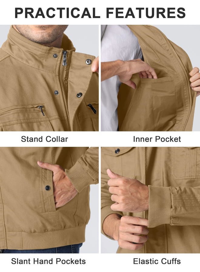 CRYSULLY Men's Cotton Military Jacket Lightweight Casual Windbreaker Stand Collar Bomber Jackets Coat with Multi Pockets, 89# Khaki, XL - Image 5