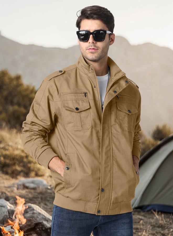 CRYSULLY Men's Cotton Military Jacket Lightweight Casual Windbreaker Stand Collar Bomber Jackets Coat with Multi Pockets, 89# Khaki, XL - Image 4