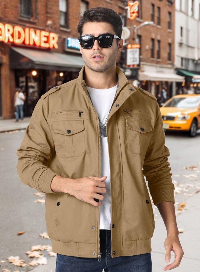 CRYSULLY Men's Cotton Military Jacket Lightweight Casual Windbreaker Stand Collar Bomber Jackets Coat with Multi Pockets, 89# Khaki, XL - Image 3