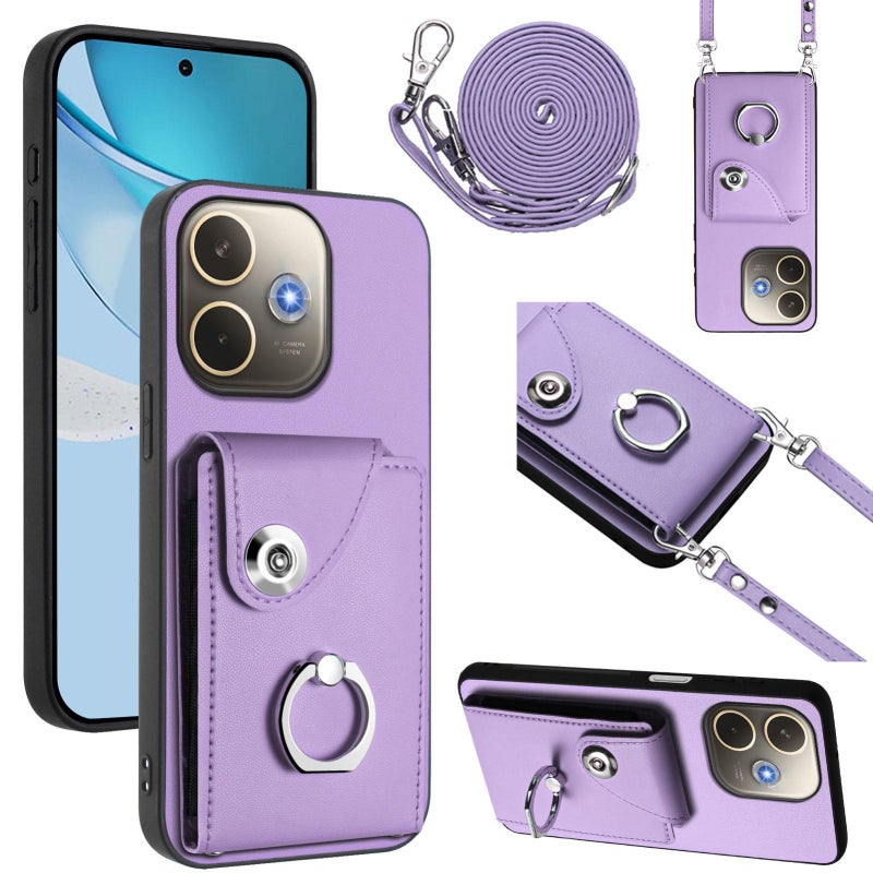 إيروريكس جراب هاتف مزود بحلقة وحقيبة بطاقات عالمية لهاتف OPPO A5 Energy / A5 Pro Global مع حبل طويل (أرجواني) - Image 1