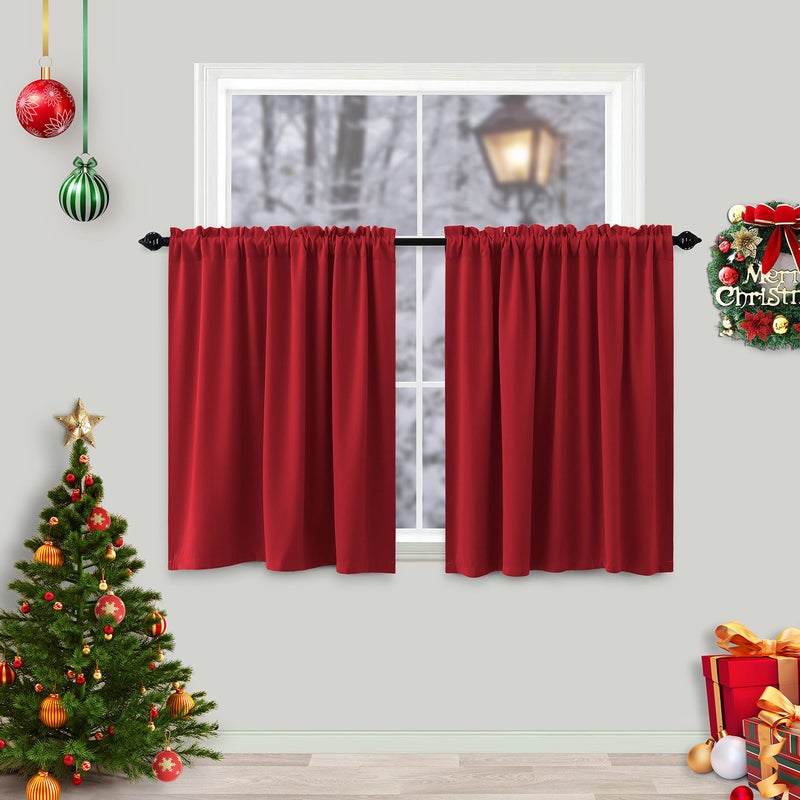 Koufall Red Christmas Kitchen Curtains 24 Inch Length Winter Insulated Thermal Blackout Tier Short Cafe Curtains For Bathroom Small Windows