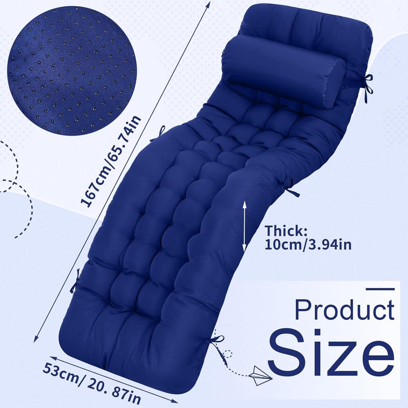 Tudomro Chaise Lounger Cushion 66'' Waterproof Lounge Chair Cushions with Ties Weather and Fade Resistant Recliner Cushion Rocking Chair Sofa Mat for Outdoor Indoor Patio Lawn (Blue) - Image 3