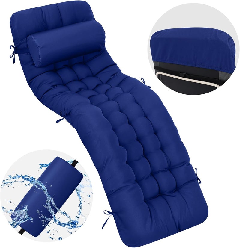 Tudomro Chaise Lounger Cushion 66'' Waterproof Lounge Chair Cushions with Ties Weather and Fade Resistant Recliner Cushion Rocking Chair Sofa Mat for Outdoor Indoor Patio Lawn (Blue) - Image 2