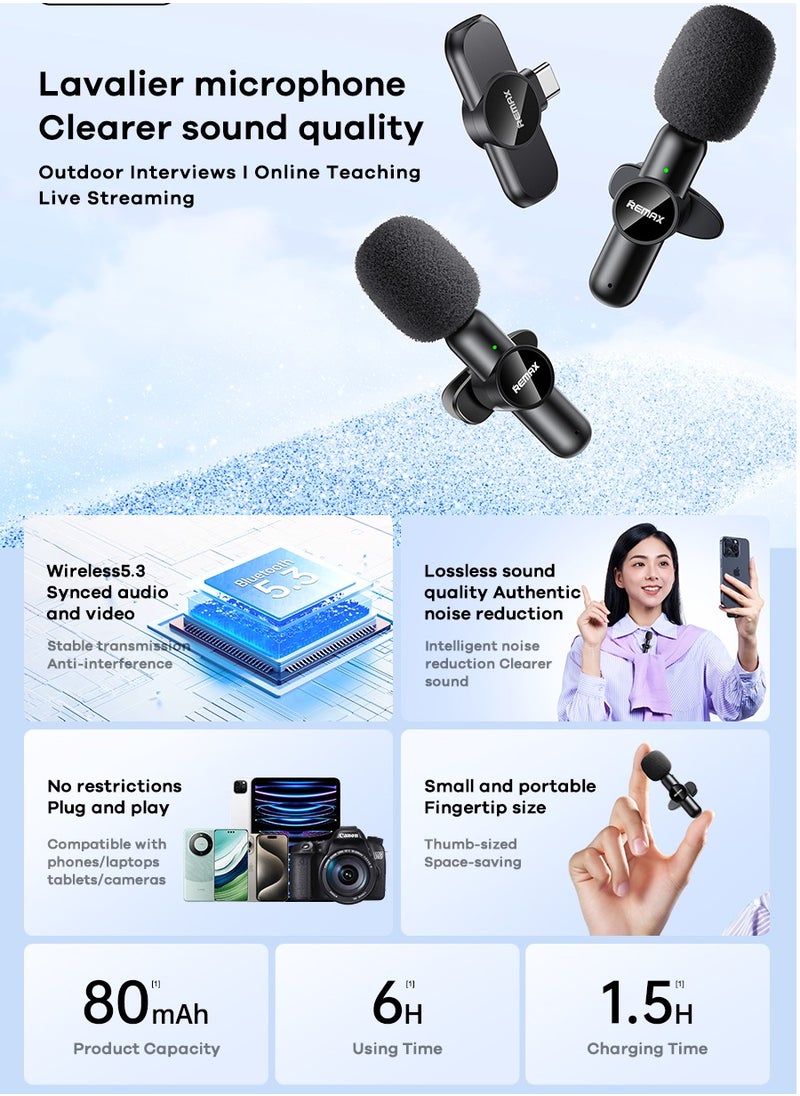 REMAX Wireless Lavalier Microphone USB C, One-to-Two Clip-On Mic with Noise Reduction, Bluetooth 5.3, Plug & Play, USB-C supporting phones, Live Streaming, Interviews, Online Teaching  - Image 4