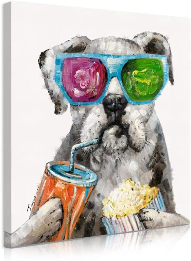 Yidepot Dog Paintings Canvas Wall Art: Pug Holding Coca Cola Popcorn and Wearing Sunglasses Aesthetic Room Decor Canvas Art Wall Decals for Living Room Decor (12"x12"x1 Panel) 