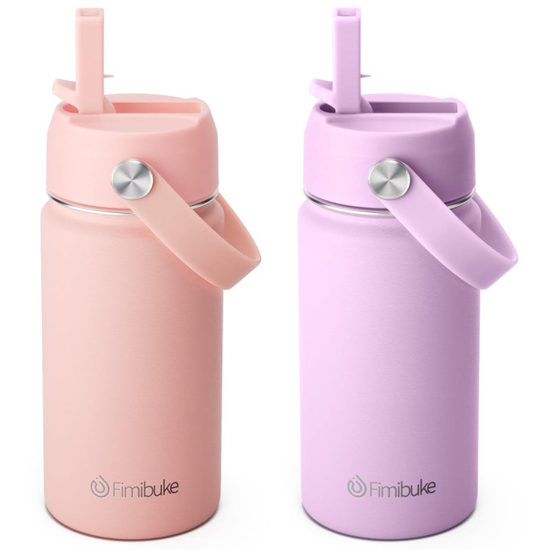 Fimibuke Kids Insulated Water Bottle 14oz BPA FREE Double Wall Vacuum Tumbler 188 Stainless Steel Leak Proof Kids Cups with Straw Metal Water Bottle for School Boys Girls 2 Pack Milky Pastel