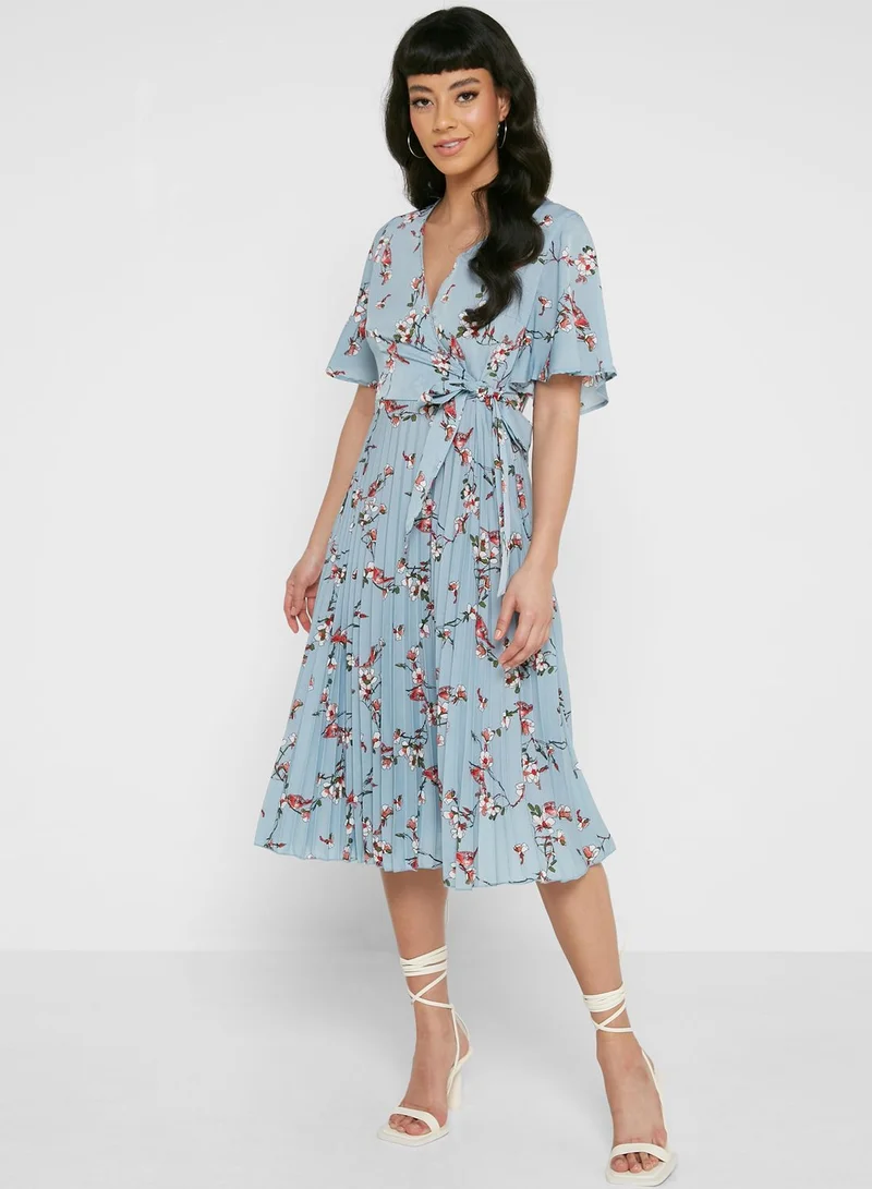 boohoo Floral Print Tie Detail Skater Dress