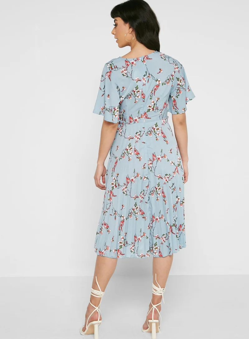 boohoo Floral Print Tie Detail Skater Dress
