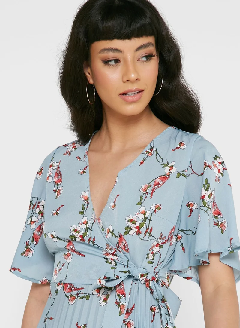 boohoo Floral Print Tie Detail Skater Dress