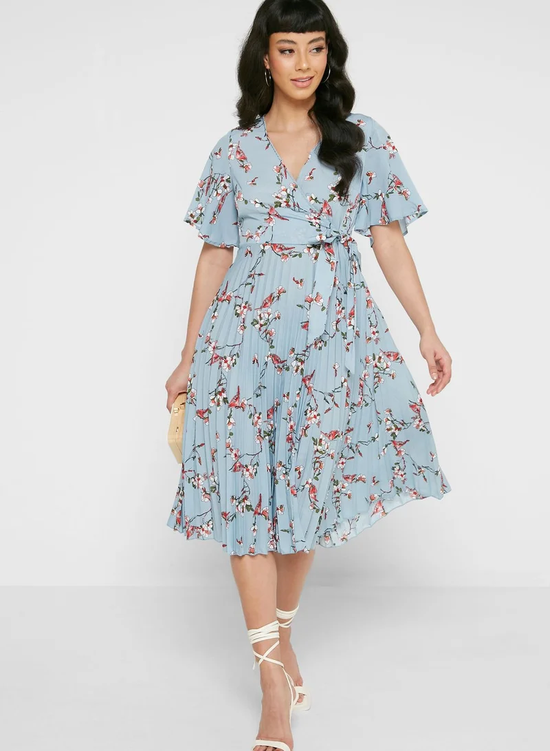 boohoo Floral Print Tie Detail Skater Dress