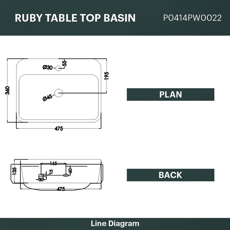 Johnson Bathrooms Johnson Ruby Table Top Basin 475x360x135mm Ceramic Counter Top Basin for Bathroom Dinning Hall White 105 Kg 10 Years Warranty P0414PW0022  - Image 2