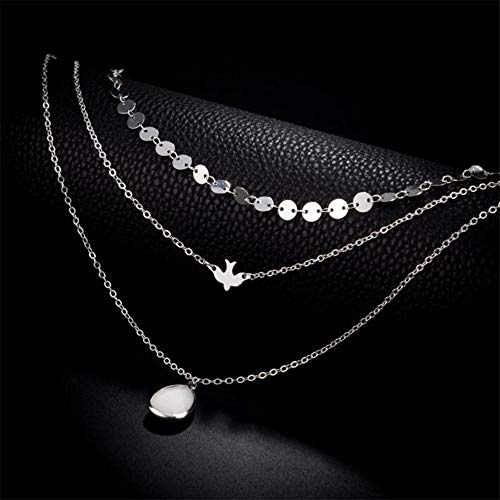 Chmier Bohemia Layered Choker Necklace Silver Disc Choker Dove Necklace Gemstone Necklace Pigeon Gem Charm Pendant Necklace Peace Jewelry for Women - Image 4
