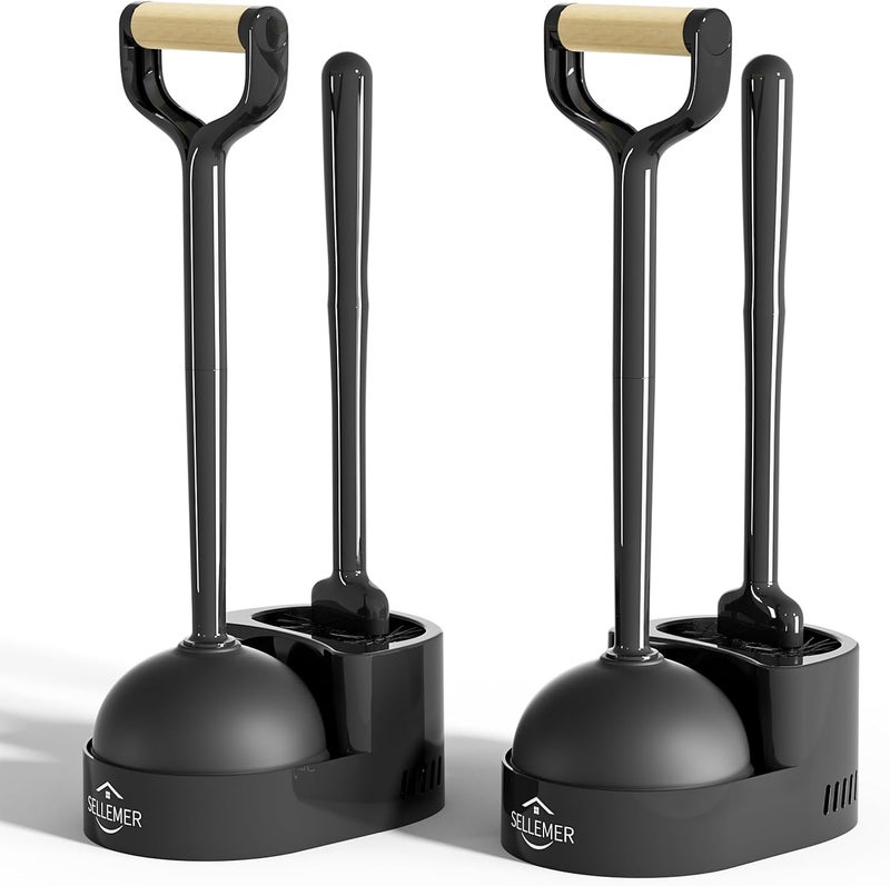 Sellemer طقم فرشاة المرحاض والمكبس من Sellemer، رأس بتصميم منحني للتنظيف العميق، فرشاة مرحاض ومكبس ثقيل مع حامل لتنظيف الحمام، أسود، عبوة من قطعتين - Image 1