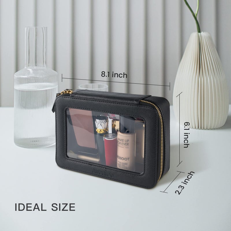 Aveniee Clear Makeup Bag Organizer, Portable Travel Toiletry Cosmetic Bag Case for Women, Heavy Duty Clear Pouch with zipper with Transparent Vinyl Windows & Gold Zippers(Black) - Image 2
