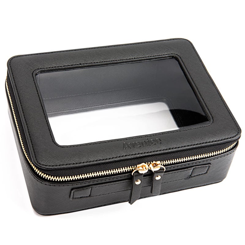 Aveniee Clear Makeup Bag Organizer, Portable Travel Toiletry Cosmetic Bag Case for Women, Heavy Duty Clear Pouch with zipper with Transparent Vinyl Windows & Gold Zippers(Black) - Image 1
