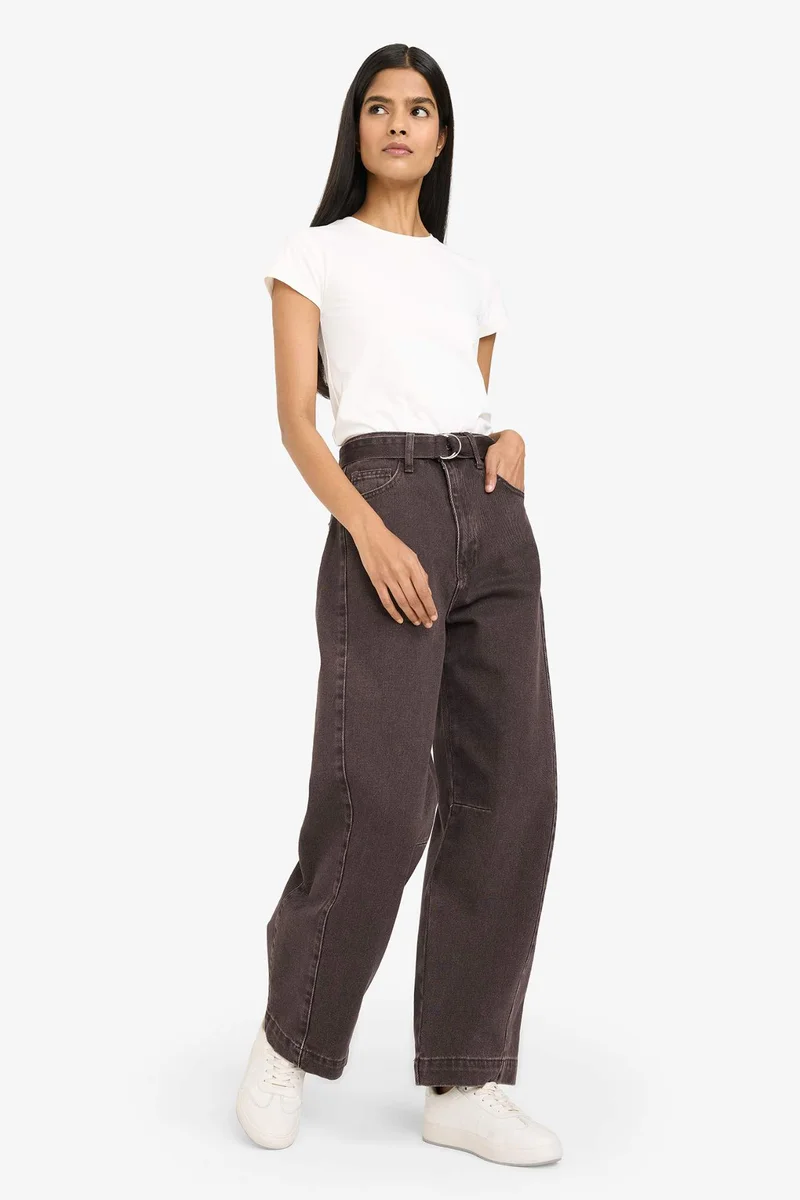 ديفاكتو 100% Cotton Barrel Fit High Waist Long Jeans
