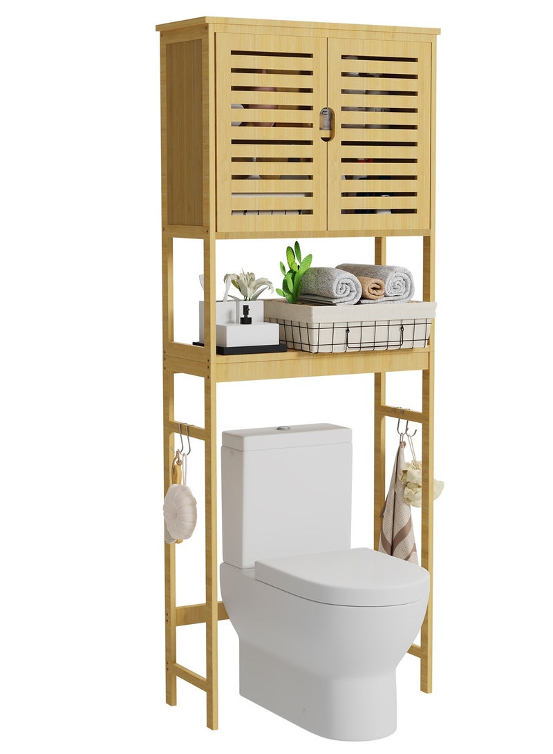 Bathroom Storage Shelf Cabinet 2-Tier Bamboo Over-the-Toilet Rack Brown Floor Washing Machine Organizer Rack with Cabinet Free Standing Shelving Unit 63x27x174cm - Image 1