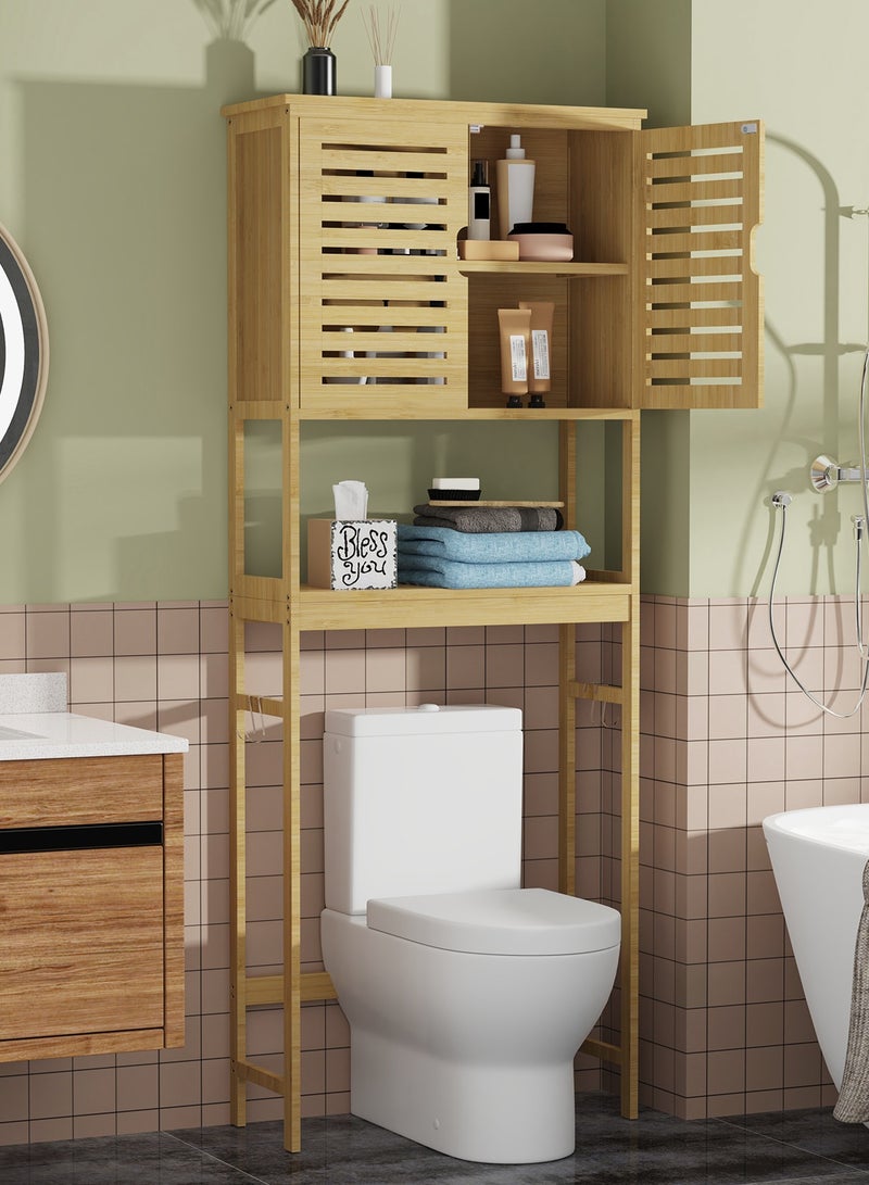 Bathroom Storage Shelf Cabinet 2-Tier Bamboo Over-the-Toilet Rack Brown Floor Washing Machine Organizer Rack with Cabinet Free Standing Shelving Unit 63x27x174cm - Image 2