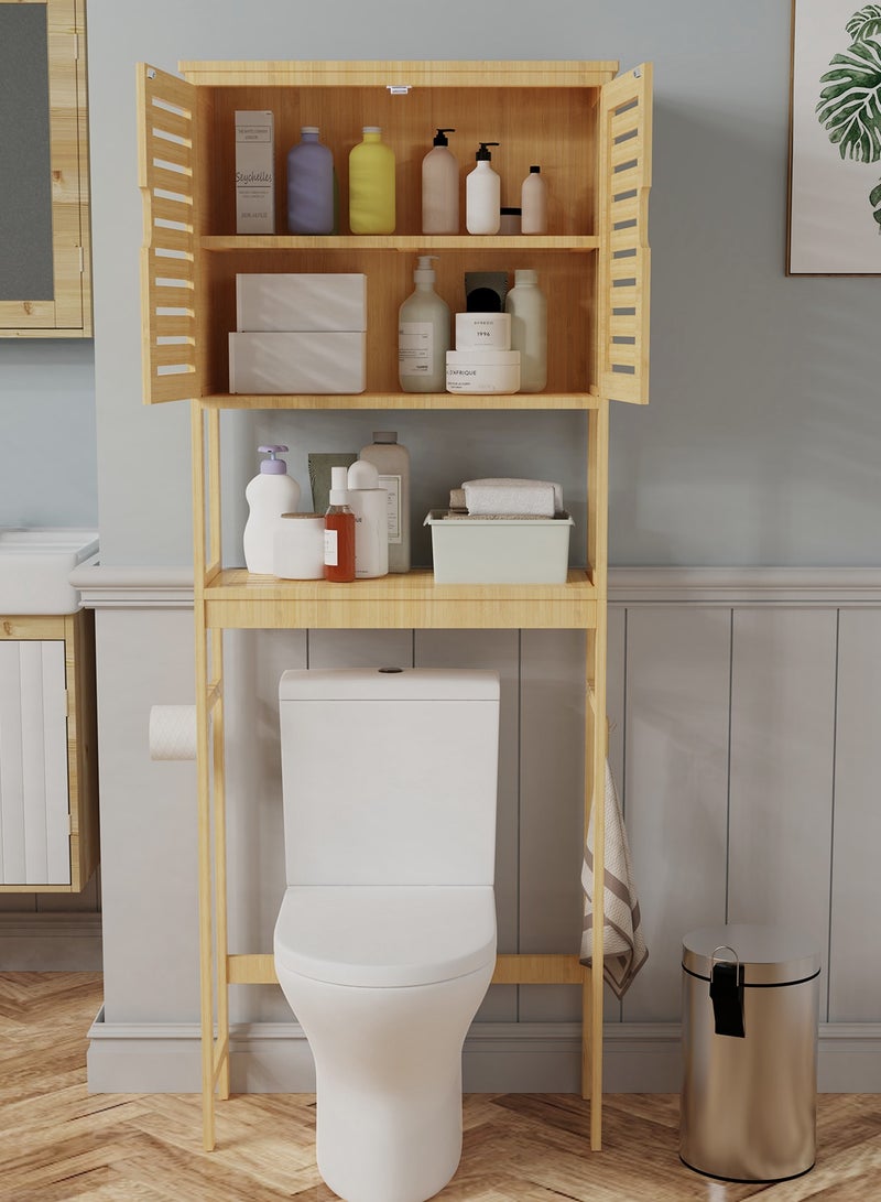 Bathroom Storage Shelf Cabinet 2-Tier Bamboo Over-the-Toilet Rack Brown Floor Washing Machine Organizer Rack with Cabinet Free Standing Shelving Unit 63x27x174cm - Image 3