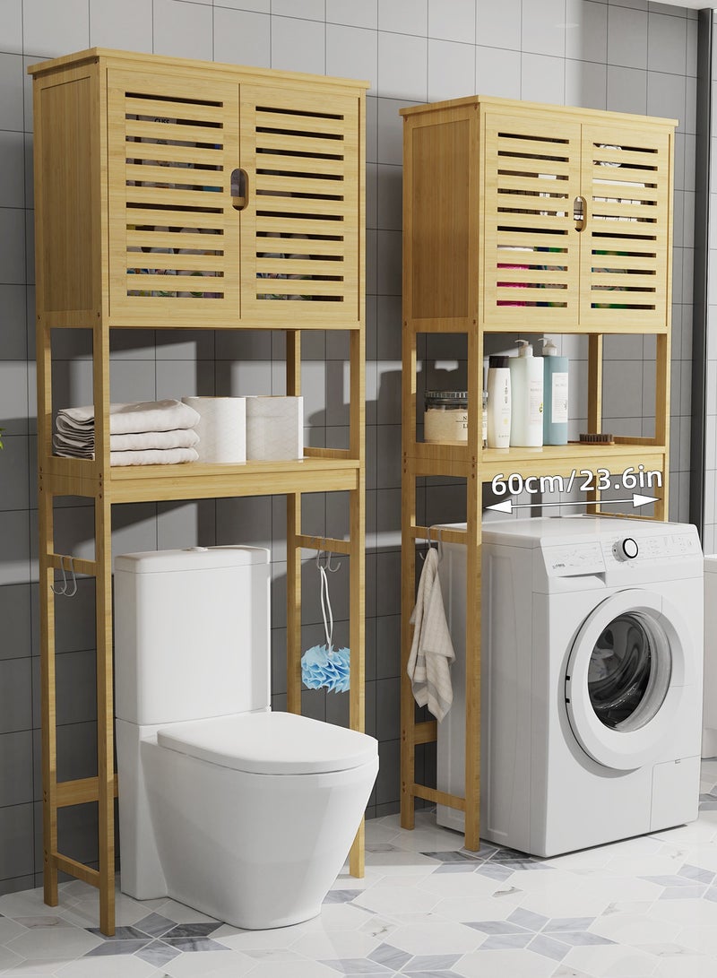 Bathroom Storage Shelf Cabinet 2-Tier Bamboo Over-the-Toilet Rack Brown Floor Washing Machine Organizer Rack with Cabinet Free Standing Shelving Unit 63x27x174cm - Image 5