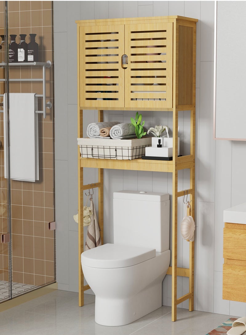Bathroom Storage Shelf Cabinet 2-Tier Bamboo Over-the-Toilet Rack Brown Floor Washing Machine Organizer Rack with Cabinet Free Standing Shelving Unit 63x27x174cm - Image 4