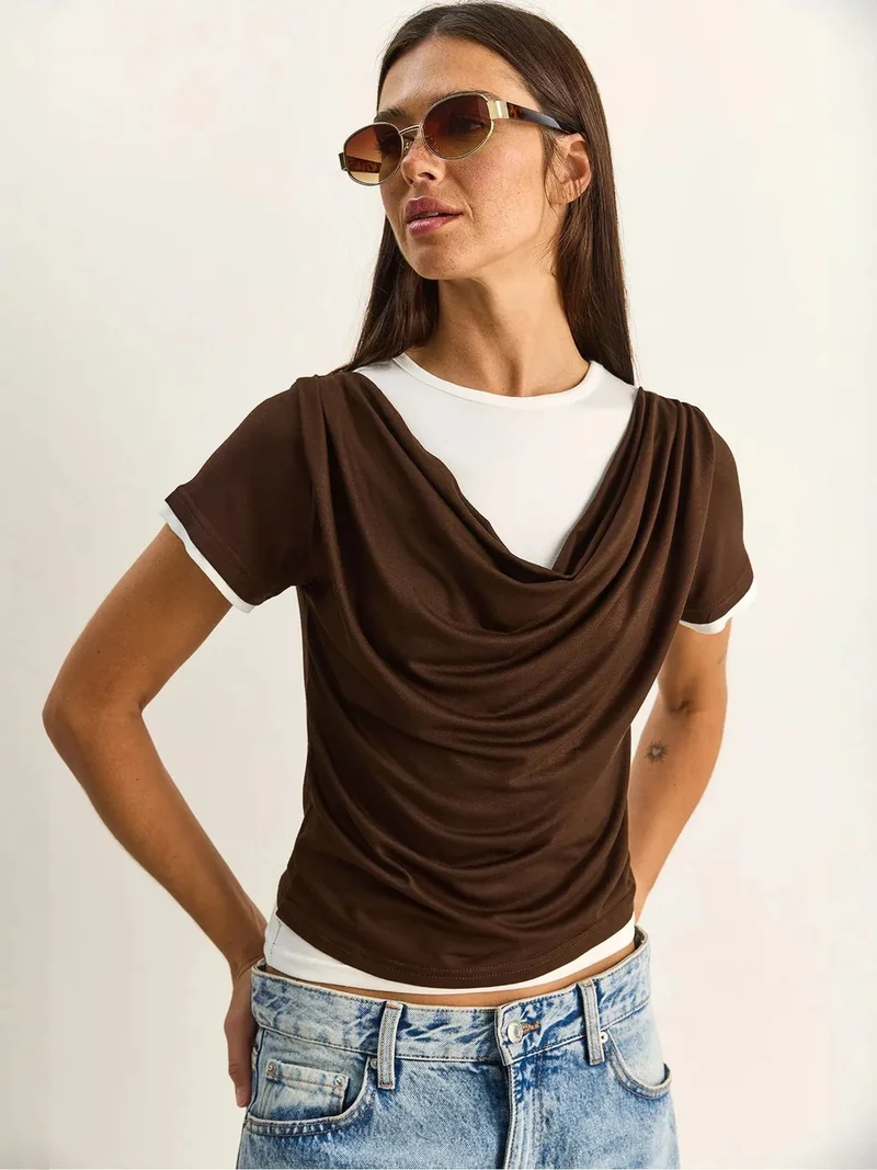 بيانكو لوتشي LUCCI Women's Cowl Neck Short Sleeve T-Shirt