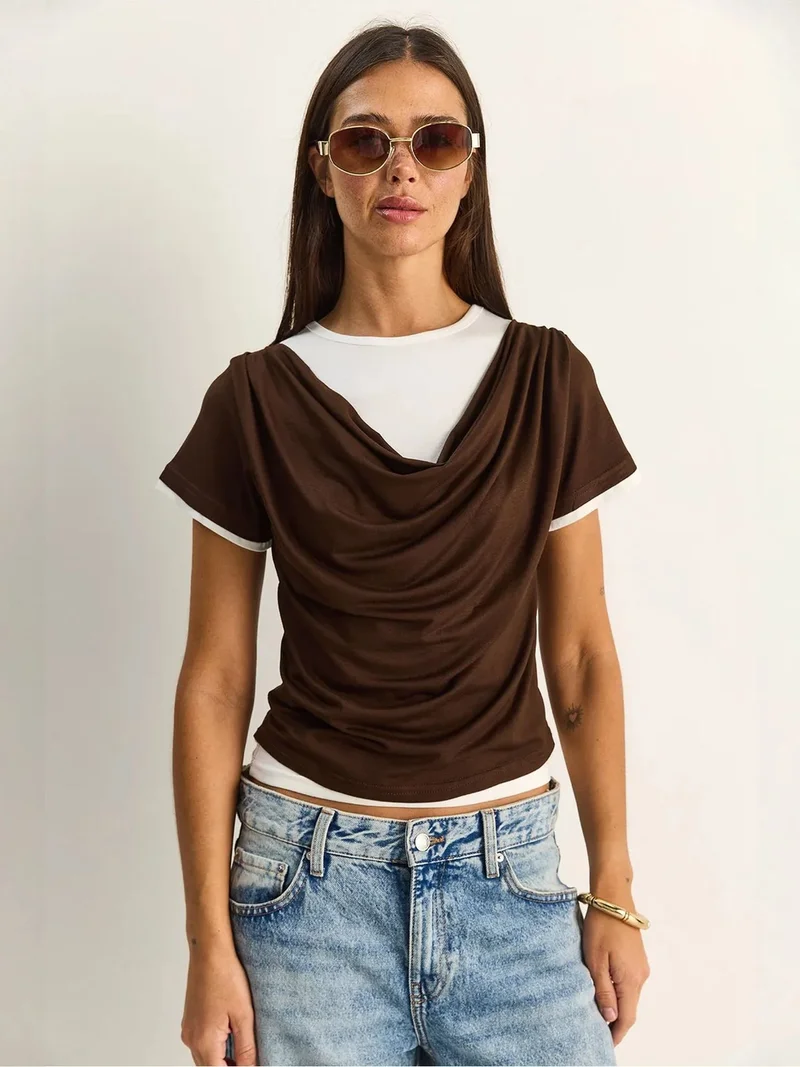 بيانكو لوتشي LUCCI Women's Cowl Neck Short Sleeve T-Shirt
